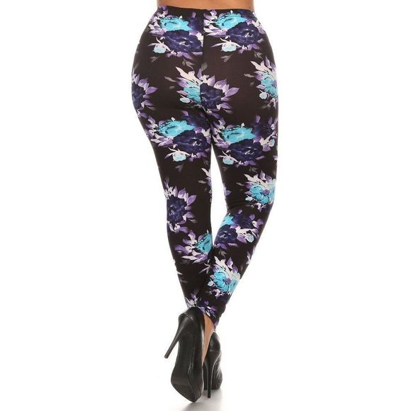 (Plus) Curvy Black Teal Navy Floral Pattern Print Leggings - Picture 3 of 5